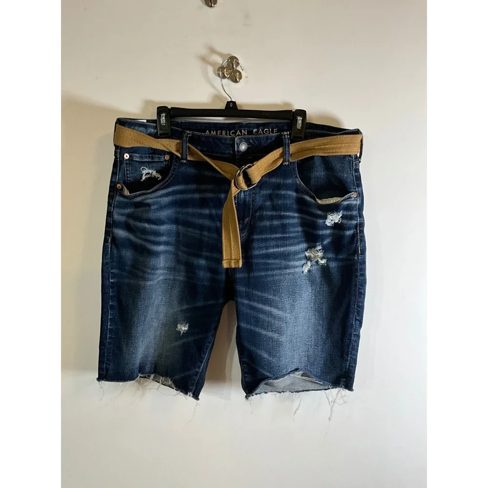American Eagle Airflex+ Distressed Denim Shorts Mens 38 Dark Wash Cut Off Belted